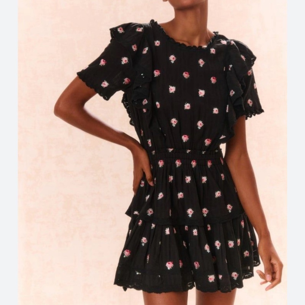 LoveShackFancy Natasha Floral Black Mini Dress size XXS